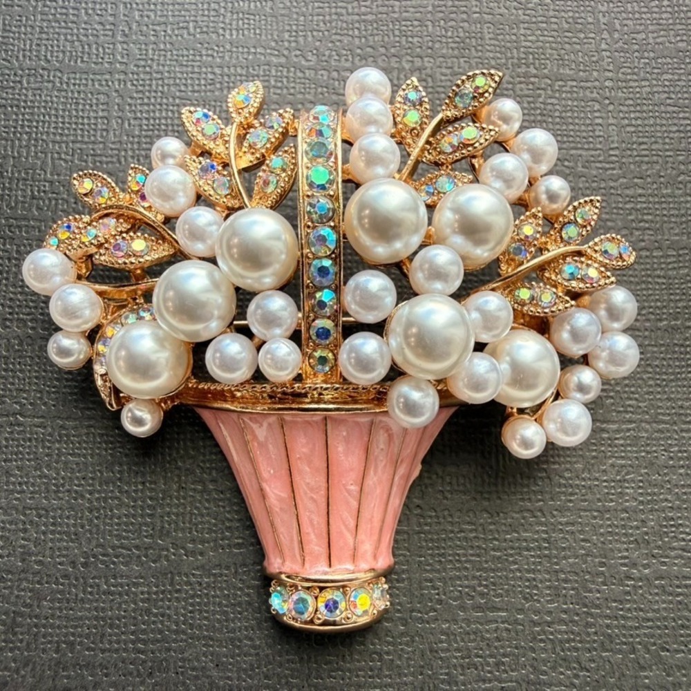 Pink Flower Basket Brooch Pendant Faux Pearl Iridescent Rhinestone Gold Tone
